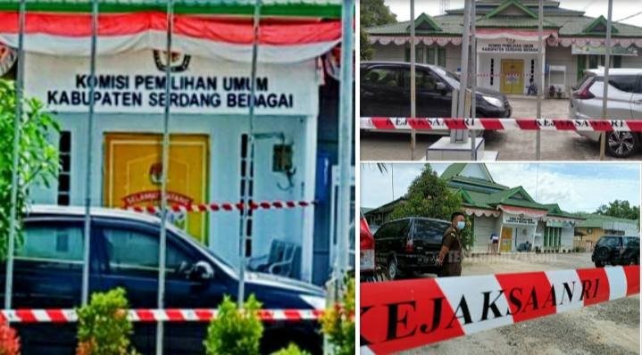 Kantor KPU Sergai yang disegel oleh Kejari Sergai Dengan Garis Line Warna Merah dan Putih.