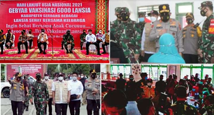 Kapolda Sumut dan Pangdam I/BB Saat Menghadiri Acara Vaksinasi pada 6.000 Lansia di Kabupaten Sergai.