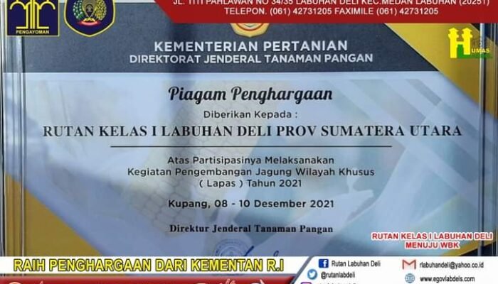 Rutan Kelas l Labuhan Deli Raih Penghargaan Ketahanan Pangan