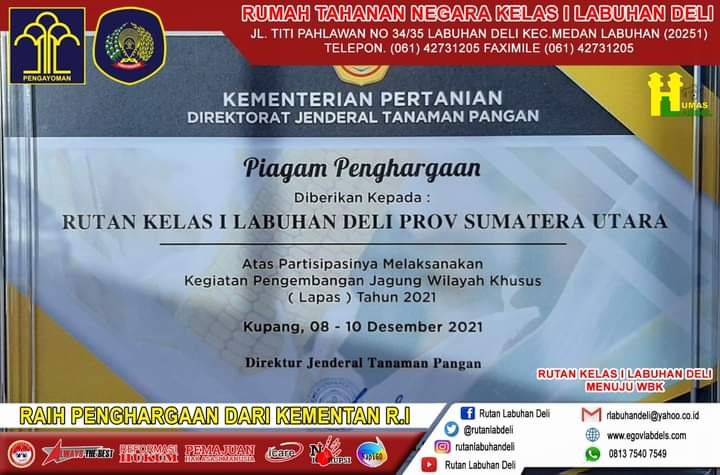 Rutan Kelas l Labuhan Deli Raih Penghargaan Ketahanan Pangan