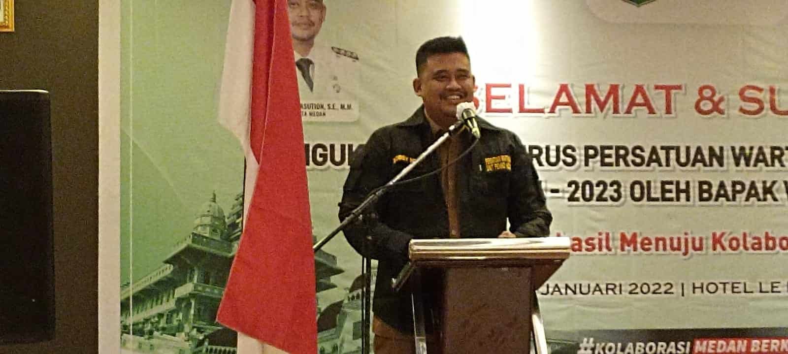 Wali Kota Medan pidato sambutan Pengukuhan Pengurus Pengurus Wartawan Unit Pemko Medan, Senin (24/01/2022). (foto/tim).