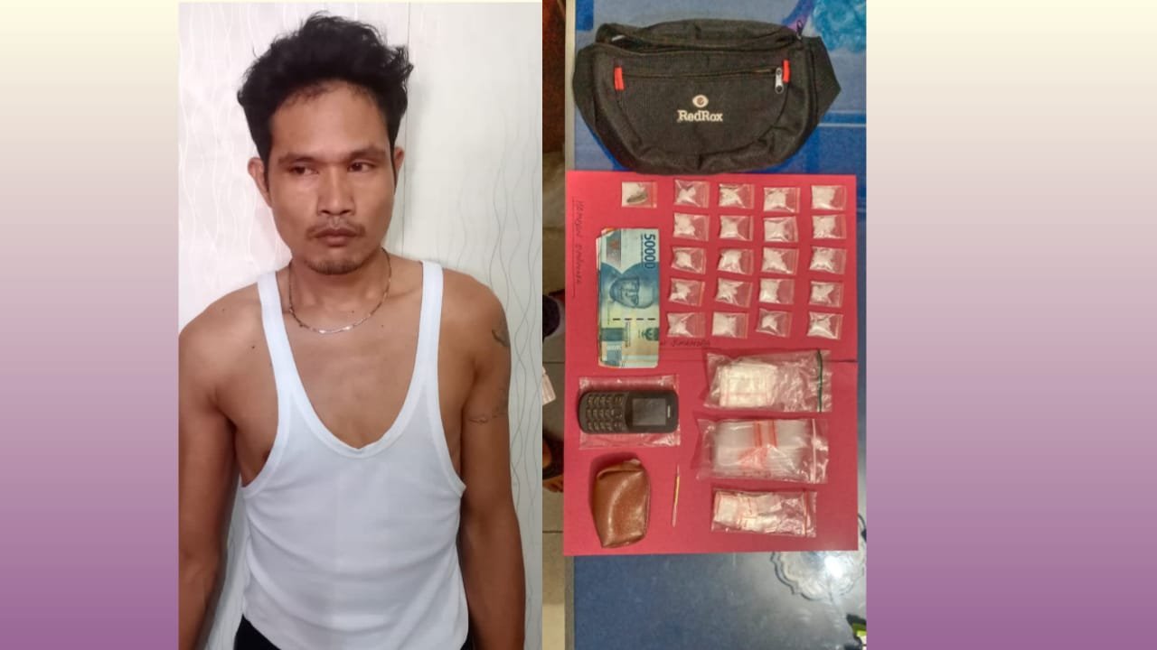 Pelaku Ham dan barang bukti 25 paket sabu dan plastik transparan diamankan Satnarkoba Polres Batu Bara. Sabtu (19/02/2022). (Foto/Humas).