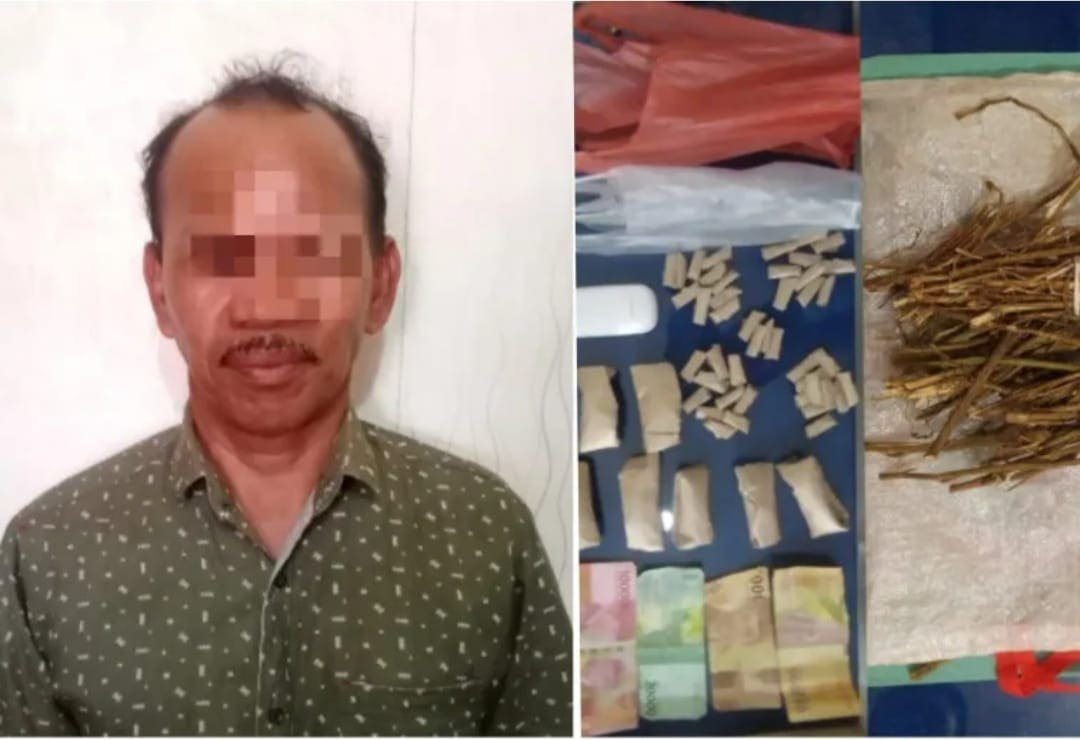 Pelaku pengecer daun ganja kering bersama beberapa bungkus kecil ganja siap ecer. Minggu (20/02/2022). (Fot/Humas).