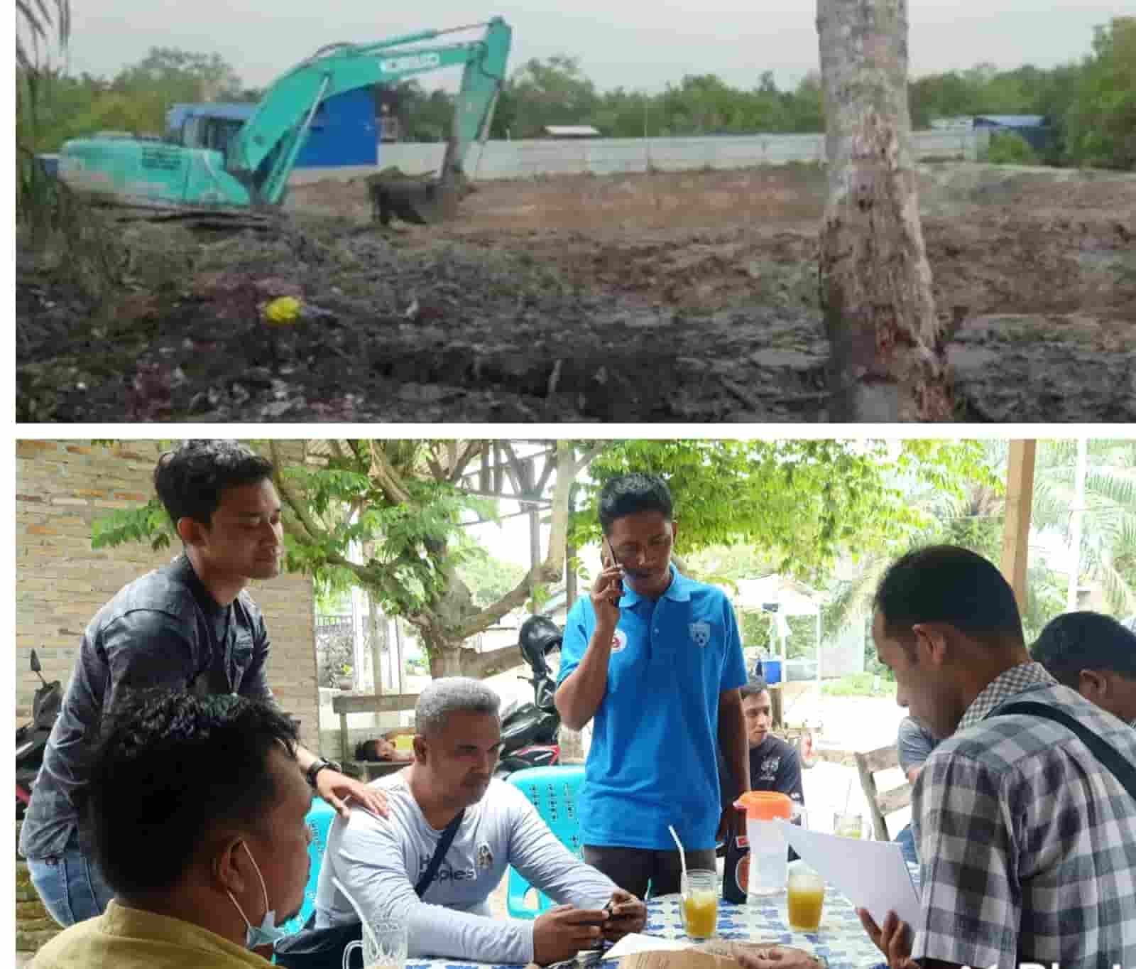 Alat berat jenis eksavator saat lagi mengerjakan lahan untuk tambak diberhentikan warga dan pemilik lahan Andung memperlihatkan SHM dari Desa Lalang. (Foto/Humas).