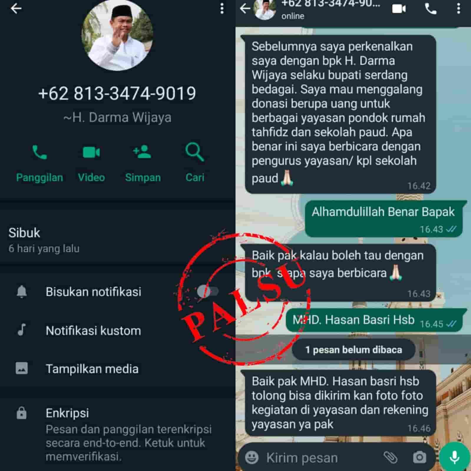 Nomor whatsapp palsu. Jumat (25/3/2022). (Foto/Humas).