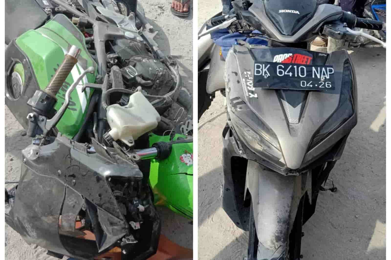 Kedua sepeda motor Vario dan Ninja yang bertabrakan dalam kondisi ringsek, saat diamankan petugas Satlantas Polres Batu Bara. ( Foto : humas )