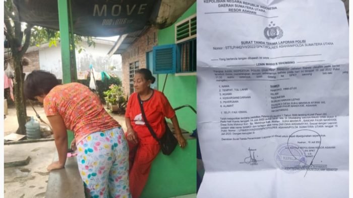 Korban yang memakai celana panjang corak bunga ngaku diperkosa tetangganya sendiri, dan surat bukti lapor di kepolisian. (Poto : Istimewa)