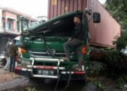 Truk Kontainer Ringsek Ditimpa Pohon Tumbang di Tebing Tinggi