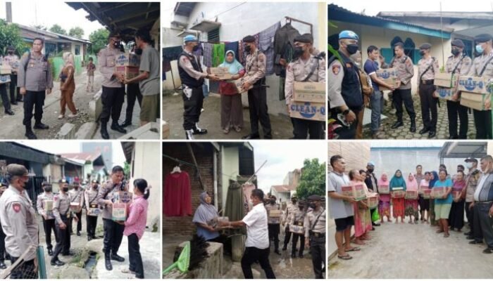 Kapolsek Patumbak Bagikan 200 Paket Sembako Bantuan Kapolrestabes Medan Kepada Korban Banjir