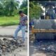 Swadaya warga dibantu Kadis PUTR Batu Bara dan Bravo 5 tutupi jalan berlobang di Jalan Acces Road Inalum, Pajak Sore Desa Pakam. (Foto : Sholeh Pelka)