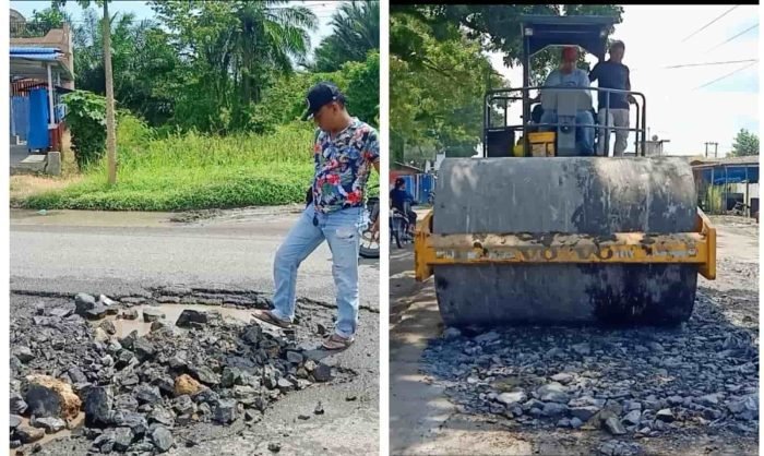 Swadaya warga dibantu Kadis PUTR Batu Bara dan Bravo 5 tutupi jalan berlobang di Jalan Acces Road Inalum, Pajak Sore Desa Pakam. (Foto : Sholeh Pelka)