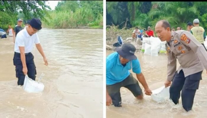 Wakapolsek Indrapura dan Anggota DPRD Batu Bara Berjibaku Tutup Tanggul Jebol