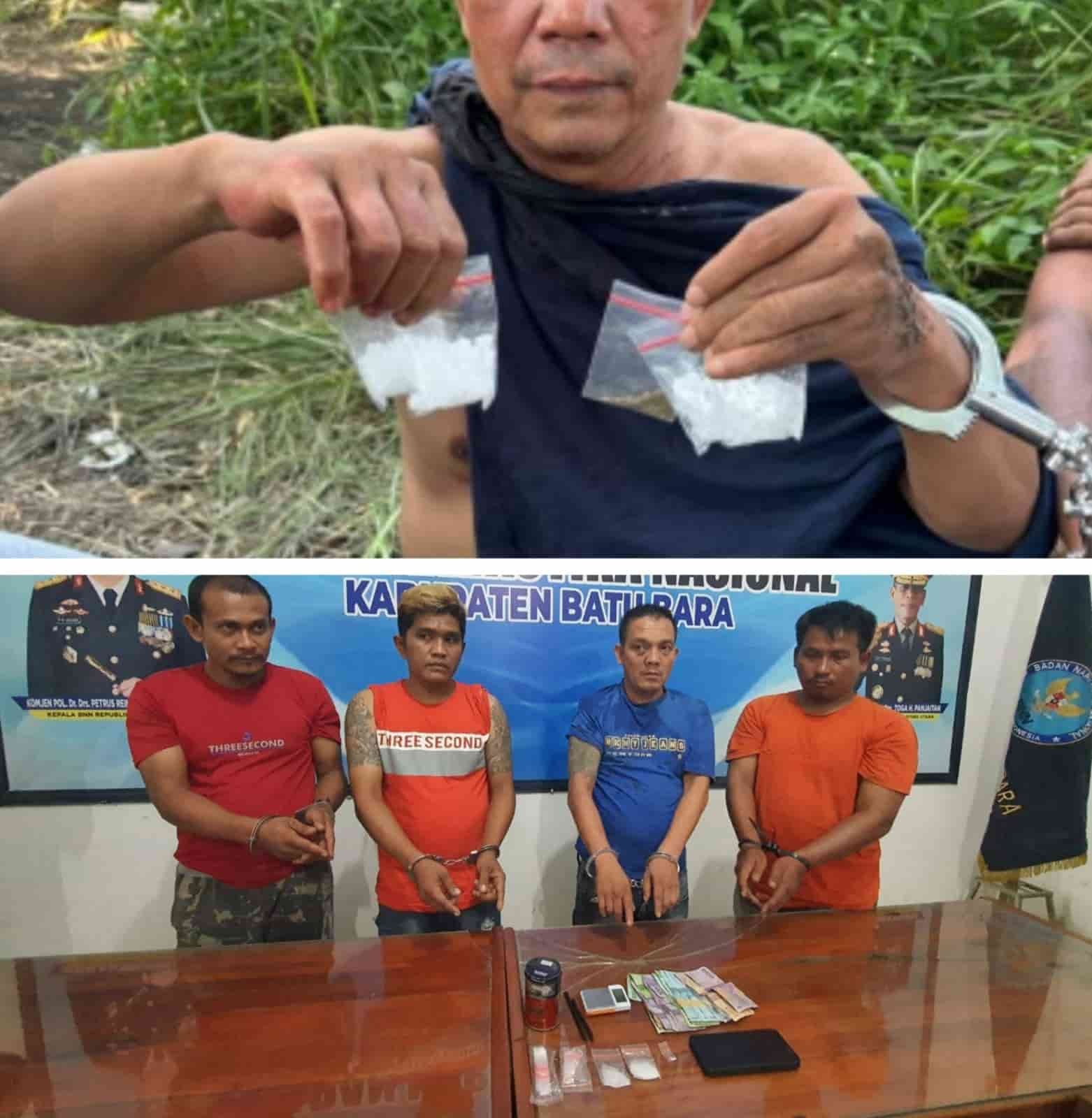 Barang bukti sabu 38 gram tangkapan Polsek Indrapura dan 4 pengedar sabu di Gang Krakatau, Kelurahan Indrapura dengan barang bukti 9 gram sabu tangkapan BNNK Batu Bara. (Foto Humas)