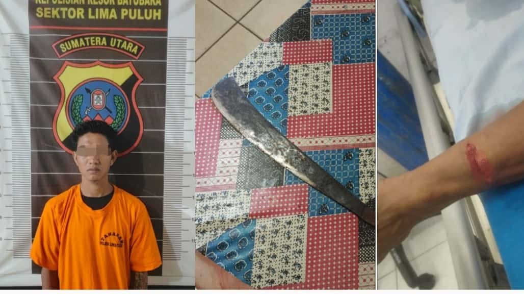 Pelaku dugaan penganiayaan beserta barang bukti (parang) dan lengan korban dengan luka bacok, Jumat (26/04/2024) sekira pukul 19.30 Wib, (kedannews.com/ist).