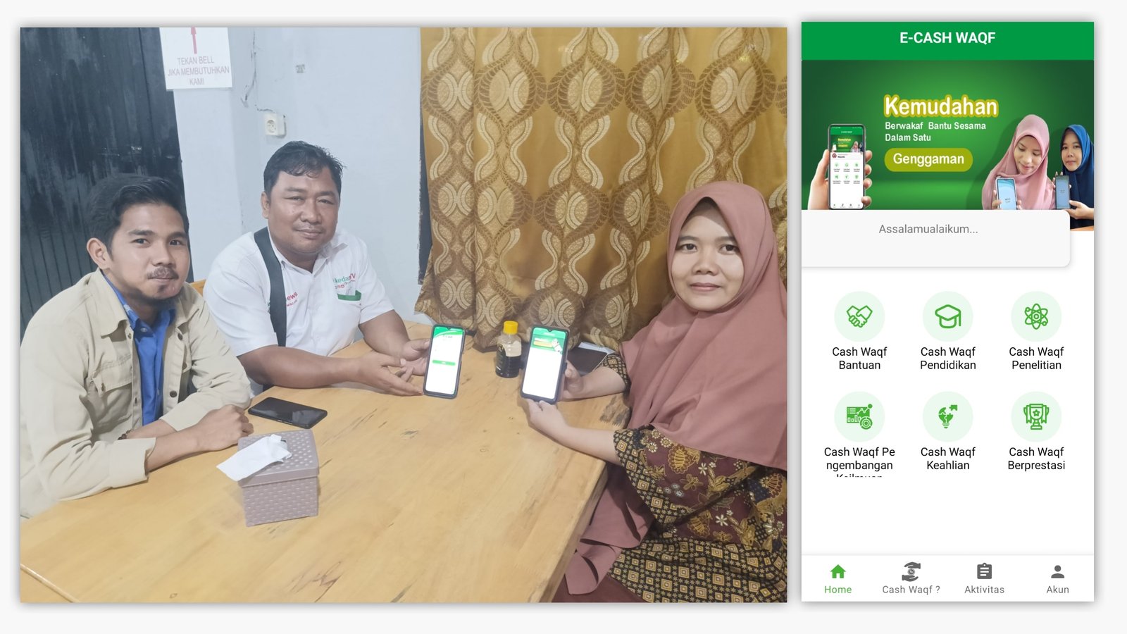 Ketua pembina Dr. Mayurida, M.Pd, CWC dan Pimpinan Media dengan melampirkan tampilan utama aplikasi E-cash waqf, Sabtu (04/05/2024).(kedannews.com/Sahyar)