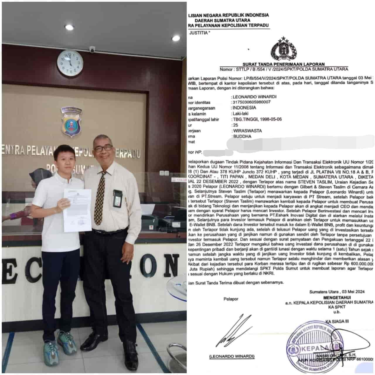 Leonardo Winardi didampingi Kuasa Hukumnya, S Robert H L Tobing, saat membuat Laporan Polisi di SPKT Polda Sumut, serta foto Laporan Polisi, Jumat (03/05/24). (kedannews.com/ist).