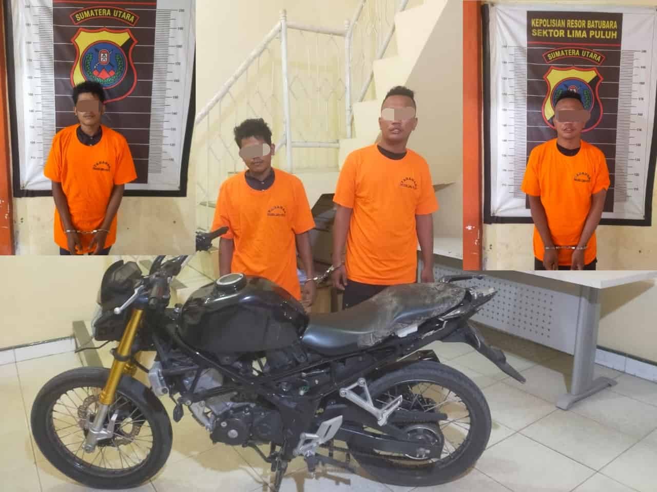 Pelaku pencurian kendaraan bermotor (curanmor) bersama penadah di Desa Perupuk, Kecamatan Lima Puluh Pesisir, Kabupaten Batu Bara saat ditangkap dan beserta barang bukti, Sabtu (04/05/2024). (kedannews.com/ist).