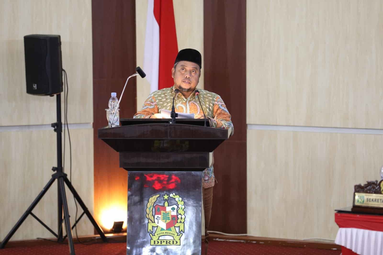 Syaiful Ramadhan saat sampaikan Pendapat Fraksi PKS pada Rapat Paripurna tentang Penyampaian Laporan Badan Anggaran, Pendapat Fraksi-fraksi DPRD Kota Medan dan Penandatanganan/Pengambilan Keputusan DPRD Kota Medan Sekaligus Persetujuan Bersama atas Ranperda Kota Medan tentang Pertanggungjawaban Pelaksanaan APBD Kota Medan Tahun 2023 yang berlangsung di Ruang Rapat Paripurna DPRD Medan, Selasa (25/06/2024) siang (kedannews.com/ist).