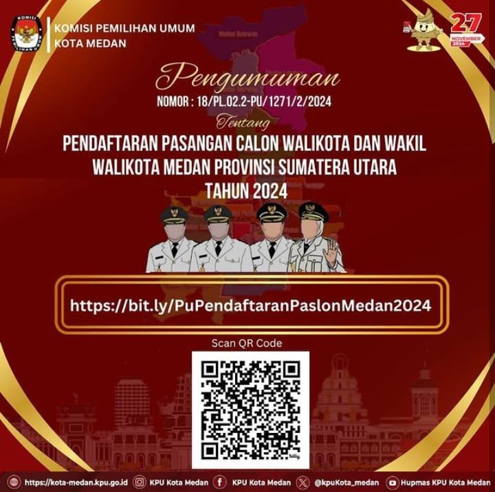Banner KPU Medan terkait Pengumuman Jadwal pendaftaran Paslon Wali Kota dan Wali Kota Medan (kedannews.com/ist).