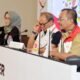 Kepala Dinas Komunikasi dan Informatika Provinsi Sumatera Utara (Sumut) Ilyas Sitorus dan Ketua Bidang Media dan Humas Panwasrah PON XXI Raja Parlindungan Pane memberikan keterangan pers terkait persiapan opening ceremony PON XXI di Ruang Media Center Utama, Hotel Santika Dyandra, Jalan Kapten Maulana Lubis, Kota Medan, Senin (9/9). Opening ceremony berlangsung di Stadion Baharudin Siregar Lubuk Pakam yang terhubung dengan Stadion Harapan Bangsa Banda Aceh. (kedannews.com/Foto : ist)