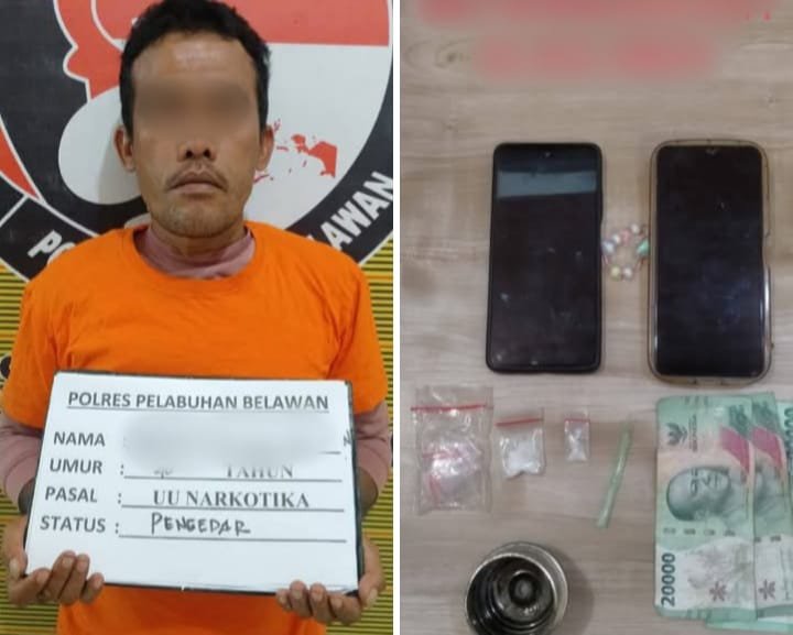 HRS alias Abay (40), tersangka kasus peredaran narkotika jenis sabu, saat diamankan oleh petugas Satresnarkoba Polres Pelabuhan Belawan di Desa Se'i Baharu, Kecamatan Hamparan Perak, Deli Serdang, Rabu (19/3/2025). Barang bukti yang disita dari tersangka berupa dua sachet plastik berisi kristal bening diduga sabu seberat 1,50 gram, satu pipet runcing, uang tunai Rp60.000, serta satu unit HP Android merek Vivo. (Foto: Ist./kedannews.com)