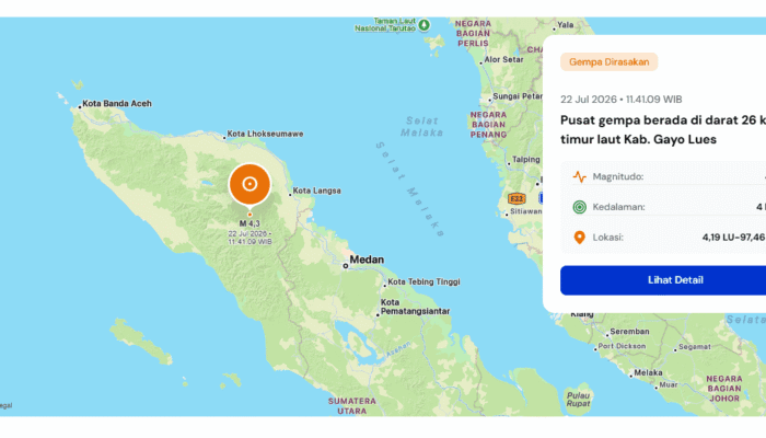 Gempa M 4,3 Guncang Gayo Lues, Getaran Terasa hingga Kota Medan
