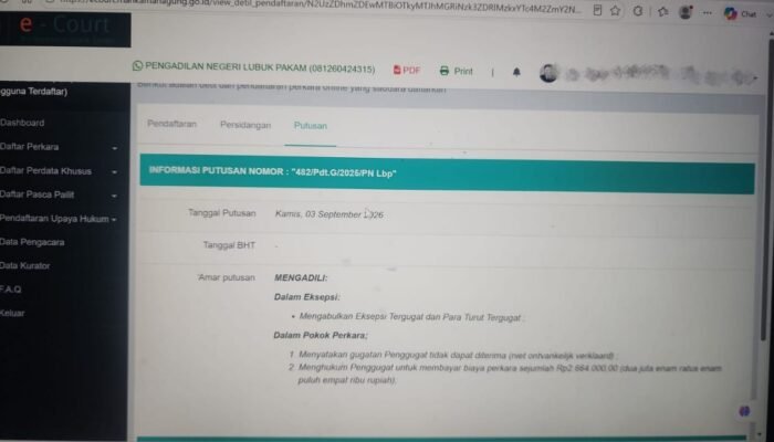 Gugatan Perdata Cukup Sinulingga dan Hilda K. Dachi di PN Lubuk Pakam Tak Dapat Diterima, Penggugat Dibebani Biaya Perkara Rp2,66 Juta